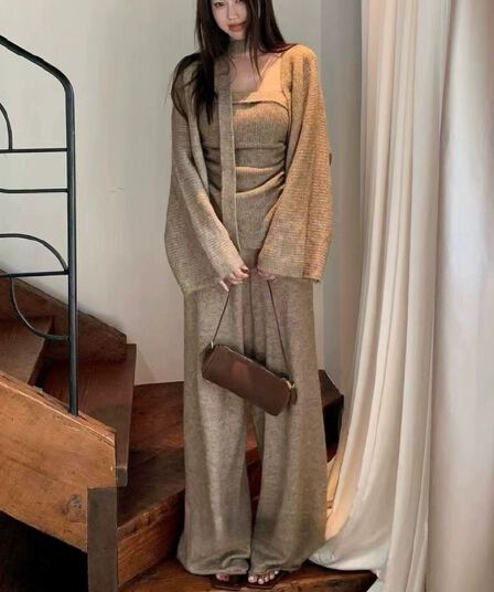 패션 우아함 캐주얼 루즈핏 스웨터 오픈 가디건 튜브탑 펌프 Pleat 조끼 캐주얼 바지 세 조각 세트