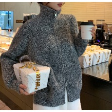 批发灰色毛衣女秋冬2025新款宽松休闲高级感慵懒风高领拉链开衫外套