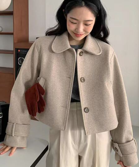 한국 chic 가을 레트로 연령 감소 베이비 칼라 싱글 줄 버튼 루즈핏 다용도 단색 긴팔 모직 여성 코트