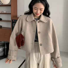 批发韩国chic秋季复古减龄娃娃领单排扣宽松百搭纯色长袖毛呢外套女