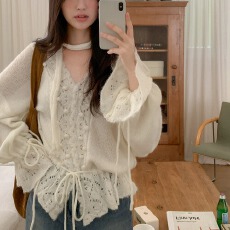 批发2025春新品ins风减龄慵懒风单排扣镂空长袖<b class='q'>针织衫</b>显瘦V领宽松毛衣