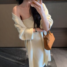 批发法式纯欲风露肩套装长袖毛衣针织外套女秋冬穿搭背心<b class='q'>连衣裙</b>两件套