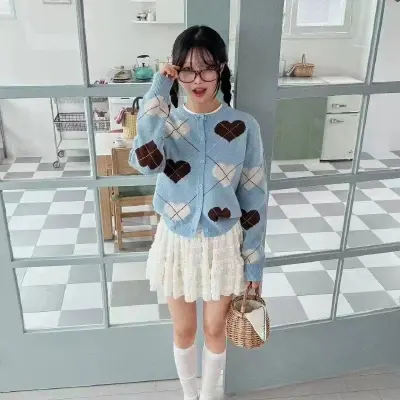 하트 체크 무늬 니트 가디건 상세 이미지 1