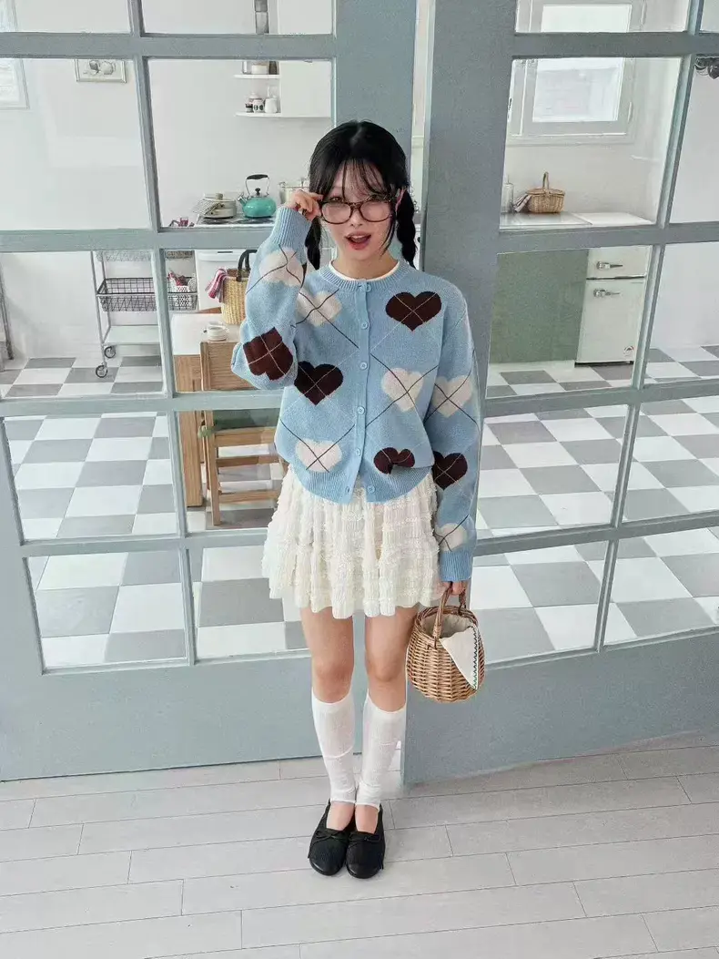 하트 체크 무늬 니트 가디건 상세 이미지 2