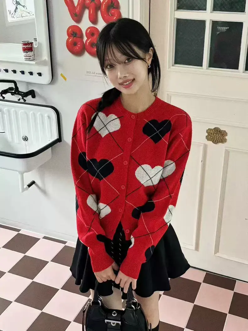 하트 체크 무늬 니트 가디건 상세 이미지 7