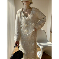 批发2025<b class='q'>秋</b>冬法式轻奢高级感针织套装 玫瑰花毛衣拼网纱罩衫+半裙