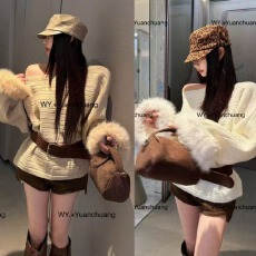 批发羊羔毛皮草外套女2024年秋冬新款<b class='q'>韩版</b>小个子露肩毛衣 配腰带