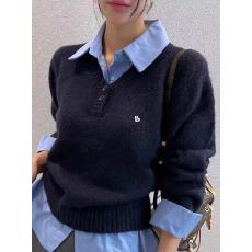 批发韩国chic早春法式学院风翻领拼接<b class='q'>假两件</b>软糯百搭长袖<b class='q'>针织衫</b>上衣女