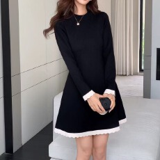批发赫本风经典黑色修身<b class='q'>连衣裙</b><b class='q'>秋冬</b>内搭半高领拼色针织裙