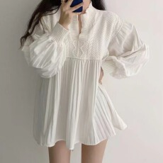 批发韩版秋季新品灯笼袖拼接百褶短款长袖<b class='q'>连衣裙</b>