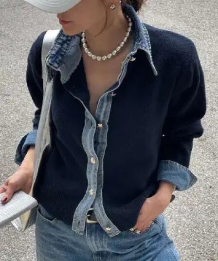 가을 한 부서 새로운 패션 데님 패치워크 슬림해 보이는 카디건 코트 고급 센스 느긋한 바람 니트 열기 셔츠 여성