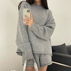 批发韩国chic秋冬小众慵懒风软糯宽松长袖针织毛衣+卷边阔腿<b class='q'>短裤</b>套装