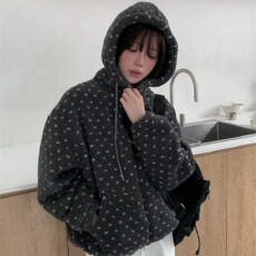 批发chic甜美少女韩国东大门 2025冬小爱心点点抓绒宽松连帽外套棉衣