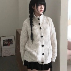 批发加厚韩系秋冬复古纽扣立领宽松百搭针织开衫上衣<b class='q'>毛衣</b>外套