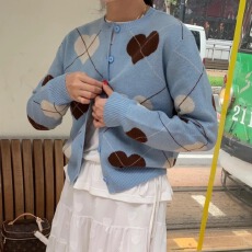 批发韩国chic秋季新款法式减龄爱心提花百搭显瘦长袖针织开衫<b class='q'>毛衣</b>外套