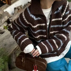 批发翻领针织厚款复古条纹<b class='q'>韩版</b>休闲毛衣开衫慵懒风撞色加厚