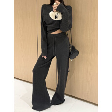 批发性感交叉V领短上衣+直筒长裤针织套<b class='q'>装</b><b class='q'>女</b>秋冬新款两件套