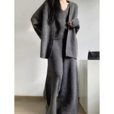 批发<b class='q'>韩版</b>针织套装无袖背心上衣宽松长袖针织开衫<b class='q'>外套</b>直筒阔腿休闲长裤