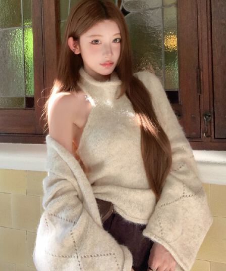 순수한 욕망 부드러운 바람 베이지 색 오프숄더 니트 스웨터 오픈 가디건 가을 겨울 루즈핏 느긋한 바람 스웨터 투피스 슈트