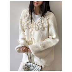 批发日系<b class='q'>甜美</b>立体花朵毛衣开衫女2025新款米白色针织外套