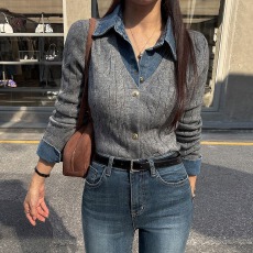 批发2026春新韩版牛仔翻领拼接假两件长袖麻花<b class='q'>针织衫</b>女气质百搭毛衣