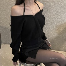 批发春新chic韩国小众设计感简约V领轻熟百搭挂脖两穿一字肩<b class='q'>针织衫</b>女