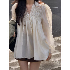 批发2026春新品韩版气质百搭宽松系带V领褶皱纯色泡泡袖衬衫<b class='q'>雪纺衫</b>