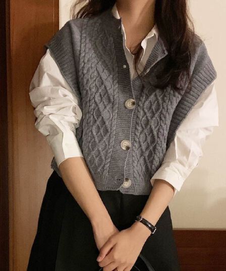 한국 chic 가을 레트로 라운드 넥 마 무늬 민소매 어깨 디자인 쇼트 스타일 니트 조끼 베스트