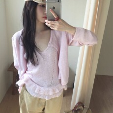 批发韩国春季<b class='q'>新款</b>减龄内搭荷叶边吊带+长袖针织衫<b class='q'>毛衣</b>两件套马海毛