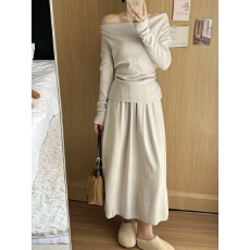 批发<b class='q'>春</b>季新款韩版气质修身百搭荡领长袖针织衫+修身遮胯半裙两件套装