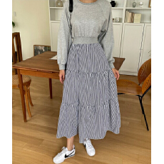 批发韩国chic早春小众休闲圆领套头宽松高腰卫衣拼接<b class='q'>条纹</b>连衣裙<b class='q'>长裙女</b>