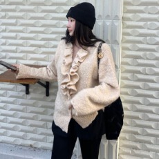 批发韩版荷叶边前门襟宽松<b class='q'>针织</b>毛衣<b class='q'>开衫</b>外套女长袖秋冬女装新款