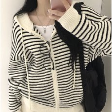 批发慵懒风撞色条纹抽绳连帽式毛衣外套女秋冬季宽松拉链针织开衫上衣