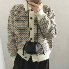 批发实拍 韩系复古彩虹翻领针织<b class='q'>开衫</b>女秋冬宽松显瘦软糯毛衣外套潮