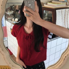 批发小众叠穿抽绳系带蝴蝶结套头<b class='q'>毛衣</b>女2025秋季新款宽松短袖针织上衣