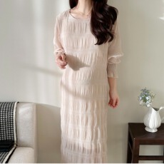 批发2025春新韩版宽松百褶灯笼袖<b class='q'>雪纺</b>显瘦<b class='q'>连衣裙</b>长裙