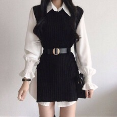 批发韩国chic百搭翻领中长款衬衫裙+系带收腰不规则针织<b class='q'>马甲</b>两件套女