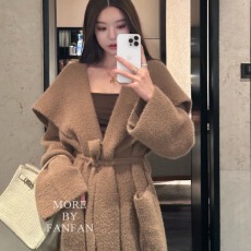 批发26早春新慵懒千金松弛感仿貂毛大毛衣外套温暖绒感大翻领腰带开衫