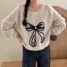 2026春韩国东大门新款蝴蝶结宽松针织毛衣