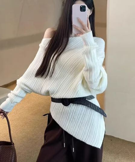한 부서 비스듬한 어깨 니트 스웨터 여성 불규칙 오프숄더 스웨터 작은 키 자이언트 잘 생긴 ~ 중 이른 가을 맨위 여성 봄 가을