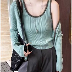 批发2026春装新款针织衫两件套拼色吊带背心+<b class='q'>长袖</b>开衫<b class='q'>外套</b>薄款上衣女