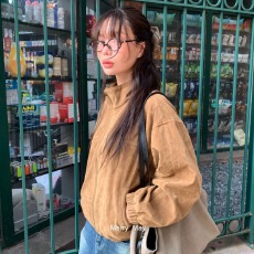 批发鬼马少女韩国2026春复古立领拉链长袖夹克仿麂皮外套夹克