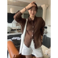 批发Hellojune韩国东大门通透气质欧尼棕色单排扣长袖防晒衬衫