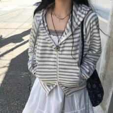 批发2026春东大门复古条纹连帽卫衣休闲开衫外套