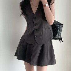 批发韩国chic夏季复古气质V领西装马甲短外套+高腰百褶裙裤短裤两件套