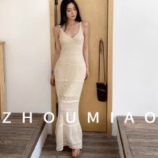 批发韩国气质镂空蕾丝V领针织吊带<b class='q'>连衣裙</b>女夏<b class='q'>无袖</b>修身OL冰丝背心长裙