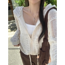 批发2026春夏<b class='q'>韩国</b>chic 勾花镂空宽松拉链针织连帽外套女