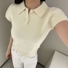 批发韩系慵懒风粉色俏皮Polo领针织短袖<b class='q'>女</b>春季独特漂亮单穿套头上衣潮