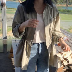 批发韩版春夏外套薄款<b class='q'>中长款</b>开衫抽绳收腰衬衫式风衣外套<b class='q'>中长款</b>