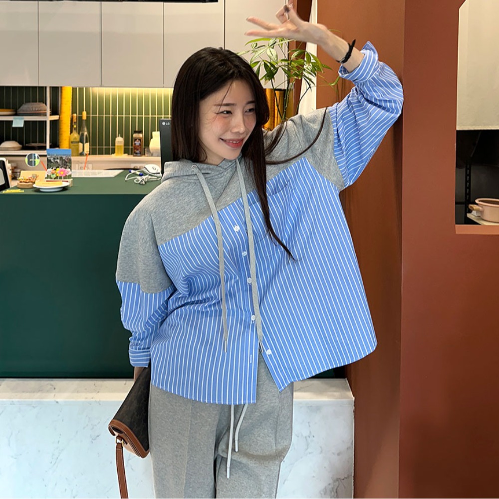 이른 봄 ins 한국 동대문 디자인 센스 세련된 개성 작은 대중 루즈핏 느긋한 페이크 레이어드 셔츠